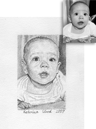 Antonio mini, <b>mini portrait</b>, laminated. Pencil drawing by Katerina Wood