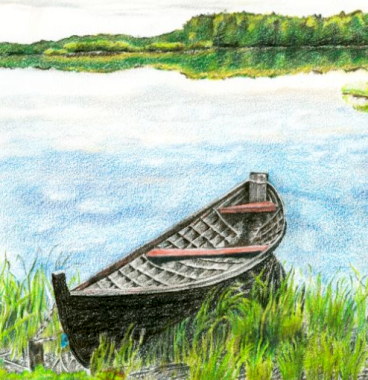 Boat on the Syamozero lake, . Pencil drawing by Katerina Wood